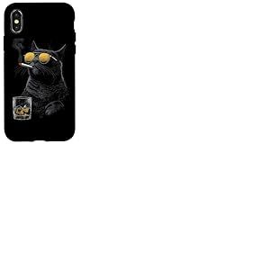Chat Noir fumant Cigarette Amateur de Whisky drôle Coque pour iPhone X/XS