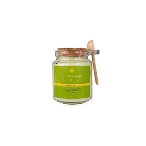 Sels de bain Accentra REFRESHING SPA dans un bocal en verre avec un bouchon en liège et une cuillère en bois, cristaux de bain enrichis en huile de citron