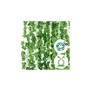 Lot de 12 guirlandes de Lierre Artificiel de 2,2 m avec 12 Clips pour Plantes et 30 m de Serre-c&acirc;bles pour Cuisine, Mariage, Jardin, d&eacute;coration Murale