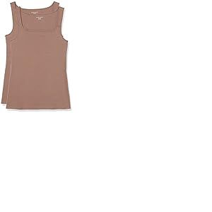 Amazon Essentials Débardeur à Encolure Carrée, Coupe Ajustée Femme, Lot de 2, Beige Foncé, XS