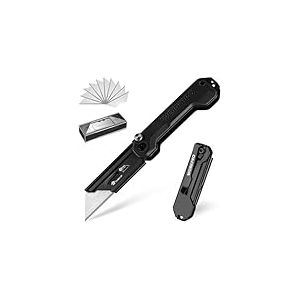 WORKPRO Couteau Utilitaire Pliant et Cutter de Poche avec M&eacute;canisme de Changement Rapide, Manche en G10, avec 10 Lames SK5 Suppl&eacute;mentaires, Id&eacute;al pour Coupe de Cuir, PVC, Papier, Noir