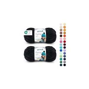 Gründl Wolle Funny uni - laine chenille douce pour le crochet - fil chenille 100% polyester, 2 pelotes (100 g/ 120 m, taille des aiguilles : 5-6) - Noir