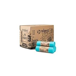 Relevo Sacs Poubelle Bleus avec Liens Coulissants &ndash; 20L (Largeur 45 cm x Hauteur 46 cm), 525 Sacs (35 Rouleaux &times; 15 Sacs) | Sacs Poubelle Extra R&eacute;sistants | 100% PEBD Recycl&eacute; | Certifi&eacute; Blue Angel