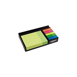 Snopake M&eacute;mo de bureau avec notes adh&eacute;sives fluo et surligneurs plateau noir/couleurs assorties 15848, 76 mm x 76 mm