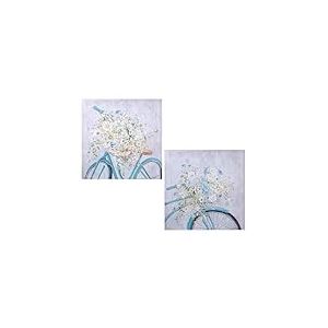 DRW Lot de 2 tableaux carrés peints à la main 40% avec vélo et fleurs assorties et plusieurs couleurs 80 x 80 x 3 cm