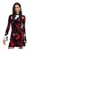 Desigual Robe en Tricot à Manches Longues pour Femme, Rouge, Taille