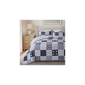 SLPR Americana Pride Parure de lit 2 pi&egrave;ces pour lit jumeau avec 1 taie d'oreiller, literie Patriotique l&eacute;g&egrave;re en Bleu et Blanc avec Motifs &eacute;toiles et Carreaux, Couvre-lit matelass&eacute; pour lit Double