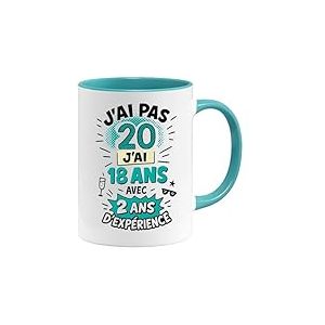 Jungle Mug | Mug 20 Ans Anniversaire Humour | Cadeau Original Femme Homme 20e Ann&eacute;e | Tasse Dr&ocirc;le J&rsquo;ai Pas 20 Ans &ndash; J&rsquo;ai 18 Avec 2 Ans d&rsquo;Exp&eacute;rience | C&eacute;ramique, Blanc/Bleu, 330 ml