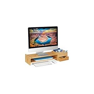 Relaxdays Support pour Moniteur en Bambou, Support écran Hauteur, HxLxP: 13x70x19 cm, tiroir & 7 Compartiments, Naturel