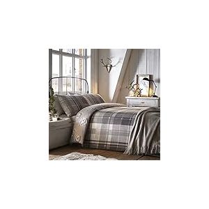 Dreams & Drapes - Housse de Couette h&eacute;risson &agrave; Carreaux Gris - 140 x 200 cm - 1 taie d'oreiller - 100% Coton bross&eacute; Doux - Design r&eacute;versible - Parure de lit en Flanelle Grise avec h&eacute;rissons