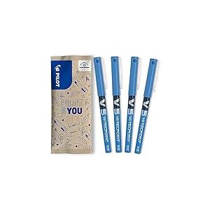 PILOT - Lot de 4 V5 - Stylos Roller à Encre Liquide à Pointe Fine pour une Écriture Fluide et Précise - Séchage rapide, ne fuit pas - Bleu - Pointe Fine (0,5mm)