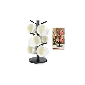 Euqvunn Porte-Gobelet &agrave; Caf&eacute; avec 6 Crochets, Arbre Porte-Gobelet, Porte-Tasses Bois Arbre Tasse &agrave; Caf&eacute; avec Base &Eacute;paissie, Support de Tasse Mug, Support &agrave; Bretzel, Arbre &agrave; Tasse Bois(Noir)