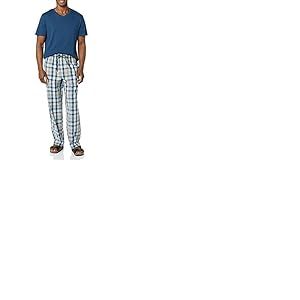 Amazon Essentials Pyjama avec Pantalon en Popeline de Coton et T-Shirt en Jersey de Coton Homme, Bleu Marine &Eacute;cossais/Indigo, XL