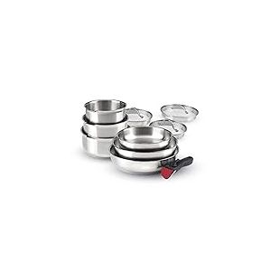 Qulinart by Brandt - Batterie de Cuisine à Induction 10 Pièces - Set de 3 Casseroles, 3 Poêles et 3 Couvercles Passoires avec Poignée Amovible - Acier Inoxydable - Lot pour Tout Feu - Argenté