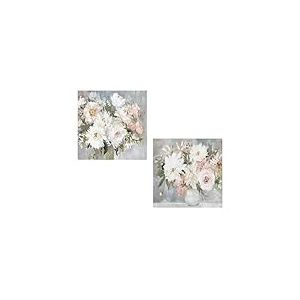 Lot de 2 tableaux sur toile naturelle avec vases et fleurs en blanc, vert et rose 60 x 60 x 3 cm