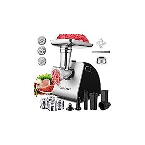 COOCHEER Hachoir à Viande Électrique 2000W, Machine à Saucisses et Robot de Cuisine 2en1, avec 3 disques à trous, 4 lames coniques et un embout pour réaliser des cookies