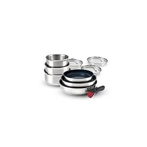 Qulinart by Brandt - Batterie de Cuisine à Induction 10 Pièces - Set de 3 Casseroles, 3 Poêles Anti-Adhésives, 3 Couvercles et Poignée Amovible - Acier Inoxydable - Tout Feu - Argenté/Noir