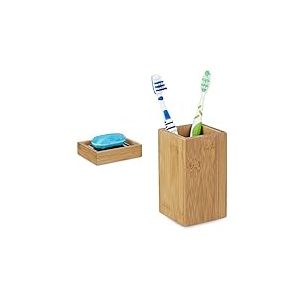 Relaxdays 10020228 Porte-Savon Bambou Rectangle avec Grille en INOX 3 x 12,5 x 10 cm, Nature & 10020226 Gobelet Porte Brosse &agrave; Dents - Bambou Nature Verre Salle de Bain, 11,5 x 6,5 x 6,5 cm, Nature