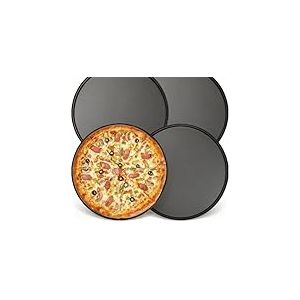 Cozary Plateau &agrave; Pizza 26cm, Lot de 4, Rond, Rev&ecirc;tement Antiadh&eacute;sif, Acier au Carbone, Plaque a Pizza pour Four, Pour Pizza, Tartes Flamb&eacute;es