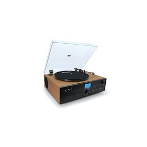 Mooov 477365 Micro-cha&icirc;ne HiFi avec Radio, Lecteur CD et Platine Vinyle 33, 45, 78 Tours St&eacute;r&eacute;o Bluetooth - Haut-Parleur Int&eacute;gr&eacute;s - Effet Bois