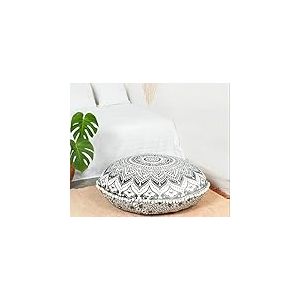 Popular Handicrafts Housse de Coussin de Plancher &ndash; Grande Housse de Coussin Hippie &agrave; Motif Mandala &ndash; Housse de Pouf Rond boh&egrave;me &ndash; D&eacute;coration de Yoga &ndash; Motif s&eacute;rigraphi&eacute; &ndash; 81,3 cm &ndash; Noir et Gris