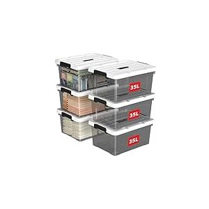 Cetomo 35L*6 Boîte de Rangement, Bac de rangement avec Poignée, Plastique Organisateur avec Couvercle, Empilable, Transportable, pour Vêtements, Bureau, Dortoirs, Transparent Noir, 35L - Lot de 6