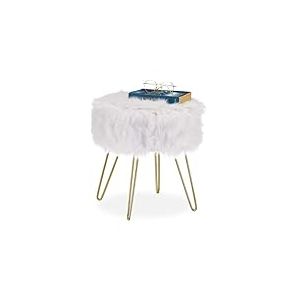 Relaxdays Tabouret en Fourrure, synth&eacute;tique, Structure m&eacute;tallique, Ronde, Moelleuse, &eacute;l&eacute;gant HxD 40x38 cm, Blanc/dor&eacute;