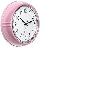 Bernhard Products Horloge murale rétro rose de 24,1 cm, design vintage des années 50, ronde, silencieuse, sans tic-tac, fonctionne à piles, à quartz de qualité pour la maison, le bureau, la chambre de