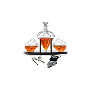 MikaMax - Diamond Decanter Deluxe - Ensemble Carafe à Whisky - Carafe Diamant - 850 ml - Support de carafe inclus - Comprend 2 Verres à Whisky en Forme de Diamant - Ensemble Whisky - Coffret Carafe