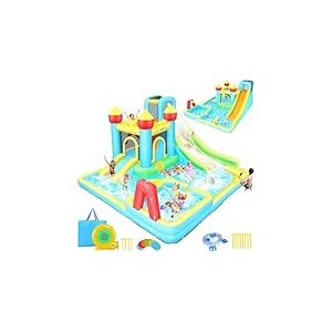 Château Gonflable pour Enfants, Toboggan Aquatique Gonflable pour Enfants de 3 à 10 Ans, Toboggan Sec/Aquatique en Plein air Parc Aquatique avec 2 toboggans, pataugeoire et Piscine, Panier de Basket,