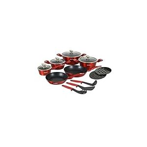 Herzberg - Batterie de Cuisine 15 Pi&egrave;ces, en Aluminium, Rev&ecirc;tement Marbre, Casseroles, Po&ecirc;les, Couvercles en Verre, Ustensiles, Compatible Induction, Rouge