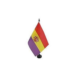 AZ FLAG - Drapeau De Table Espagnol Républicain avec écusson 21x14 cm - Petit Drapeau De L'Espagne Républicaine De Bureau 100% Polyester Avec Hampe De 25cm Et Socle En Plastique Noir