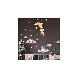 Stickers muraux enfants - Decoration chambre b&eacute;b&eacute; - Stickers muraux enfant - Sticker mural scandinave - Autocollant mural renard, panda et koala dans les &eacute;toiles - H60 x L90 cm