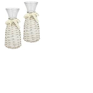 Lot de 2 vases en Verre avec rotin et Dentelle - 21 cm - Style Maison de Campagne - Décoration de Table Rustique - pour Mariage - Nœud - Fleurs Simples - Vase cylindrique - Vase de Table - Fleurs
