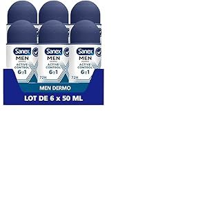 SANEX - Déodorant Roll-On - Anti-Transpirant Men Dermo Active Control - Efficacité 48 h - Lot de 6 x 50 ml