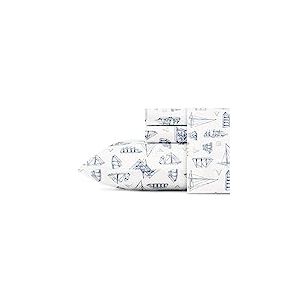 Nautica – Draps pour lit Simple, Ensemble de literie en Percale de Coton, décoration d'intérieur côtière, Essentiels de Chambre de dortoir (Motif de Voile Bleu, lit Simple)