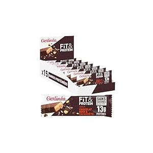Gerlinéa Fit&Protein - Barres Protéinées saveur Cacahuète Chocolat - Sans Sucres Ajoutés - 13 gr protéines par barre de 45g - Protéines Après le Sport - 15 barres