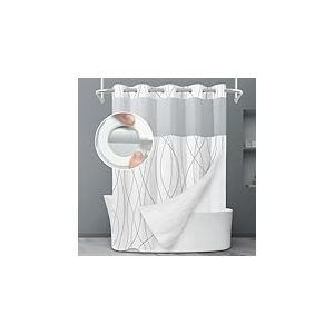 LXBNI Rideau de Douche &agrave; Rayures Grises et Blanches sans Crochet avec Doublure en Tissu &ndash; Ensemble de Rideau de Douche d'h&ocirc;tel et Doublure avec fen&ecirc;tre sup&eacute;rieure en Maille Transparente, Lavable en
