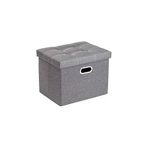 COSYLAND Pouf de Rangement Pliable en Lin avec Couvercle - Banc Coffre Multifonction 43 x 33 x 33 cm - Tabouret Repose-Pieds 150kg - Ottoman de Salon Espace de Stockage Caché, Gris Clair