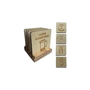 Dessous de verre en bois sur le th&egrave;me de la bi&egrave;re avec support | Lot de 4 sous-verres amusants diff&eacute;rents avec motifs grav&eacute;s au laser | D&eacute;coration de bar moderne et rustique unique et accessoires pour