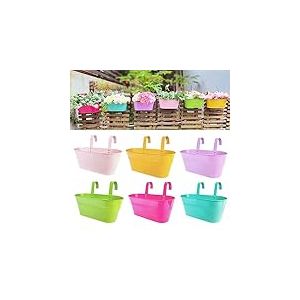 LaLaGreen Lot de 6 pots de fleurs à suspendre en fer coloré pour extérieur, terrasse, balustrade, clôture, support mural, crochets modernes pour fenêtre, porche, jardin, décoration extérieure (28 cm)