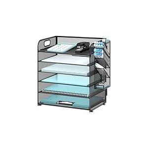 SUPEASY Organiseur de Bureau à 6 Niveaux avec 4 Porte-stylos, bac à courrier en Maille avec poignée, Organiseur de Bureau pour Dossier de fichiers A4, Noir
