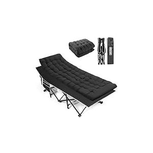 OVERMONT Lit de Camp Pliant avec Matelas - Lit de Camping Pliable 190 x 71 x 36 cm - Supporte 250 kg - Tissu Oxford 2400D avec Poche Latérale - Sac de Transport pour Camping Jardin Bureau - Noir