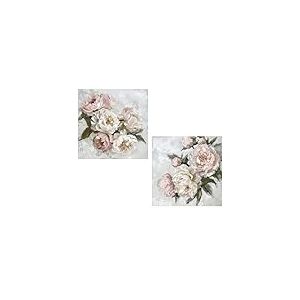 DRW Bestpricepictures Lot de 2 tableaux carr&eacute;s avec fleurs 40% peintes &agrave; la main et cadre en bois blanc, vert et rose 80 x 80 x 3 cm