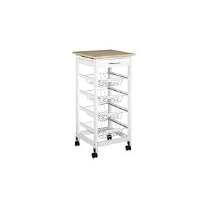 HOMCOM Desserte Cuisine &agrave; roulettes, Chariot de Cuisine, 4 paniers m&eacute;tal + tiroir, Chariot de Service, pour Petit Espace, Salle de Bain, Salon, Cuisine, Bureau, Cadre en Bois de pin, Blanc