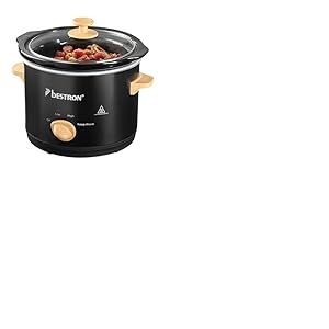 Bestron Mijoteuse &eacute;lectrique, Cuisini&egrave;re &agrave; jonglerie avec po&ecirc;le en c&eacute;ramique & couvercle en verre, thermostat &agrave; 3 niveaux, id&eacute;ale pour la viande, les soupes et les l&eacute;gumes, 1,5L, Couleur: Noir/Bois