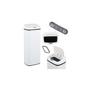 Relaxdays Poubelle Automatique, 50 litres, Couvercle électrique, avec Support pour Sac, Seau Cuisine, en Acier, Blanche