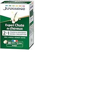 JUVAMINE - Chute de Cheveux : Pousse + Croissance - 6 Actifs Beaut&eacute; dont Zinc et Biotine - Favorise la Croissance et la R&eacute;sistance des Cheveux - Programme de 1 mois - 30 Comprim&eacute;s - Fabriqu&eacute; en France