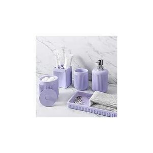 XLHOMO Lot de 5 Accessoires de Salle de Bain en résine Violet Clair, Distributeur de Savon, Porte-Brosse à Dents, gobelet de Salle de Bain, Support Qtip et Plateau de Coiffeuse, Ensemble de Rangement