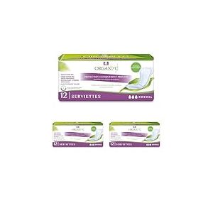 Organyc - Serviettes Normal pour fuites urinaires, en coton certifi&eacute;, ne contiennent ni parfums ni plastique, ni mat&eacute;riaux chimiques - 3 paquet de 12 Serviettes, Flux mod&eacute;r&eacute;